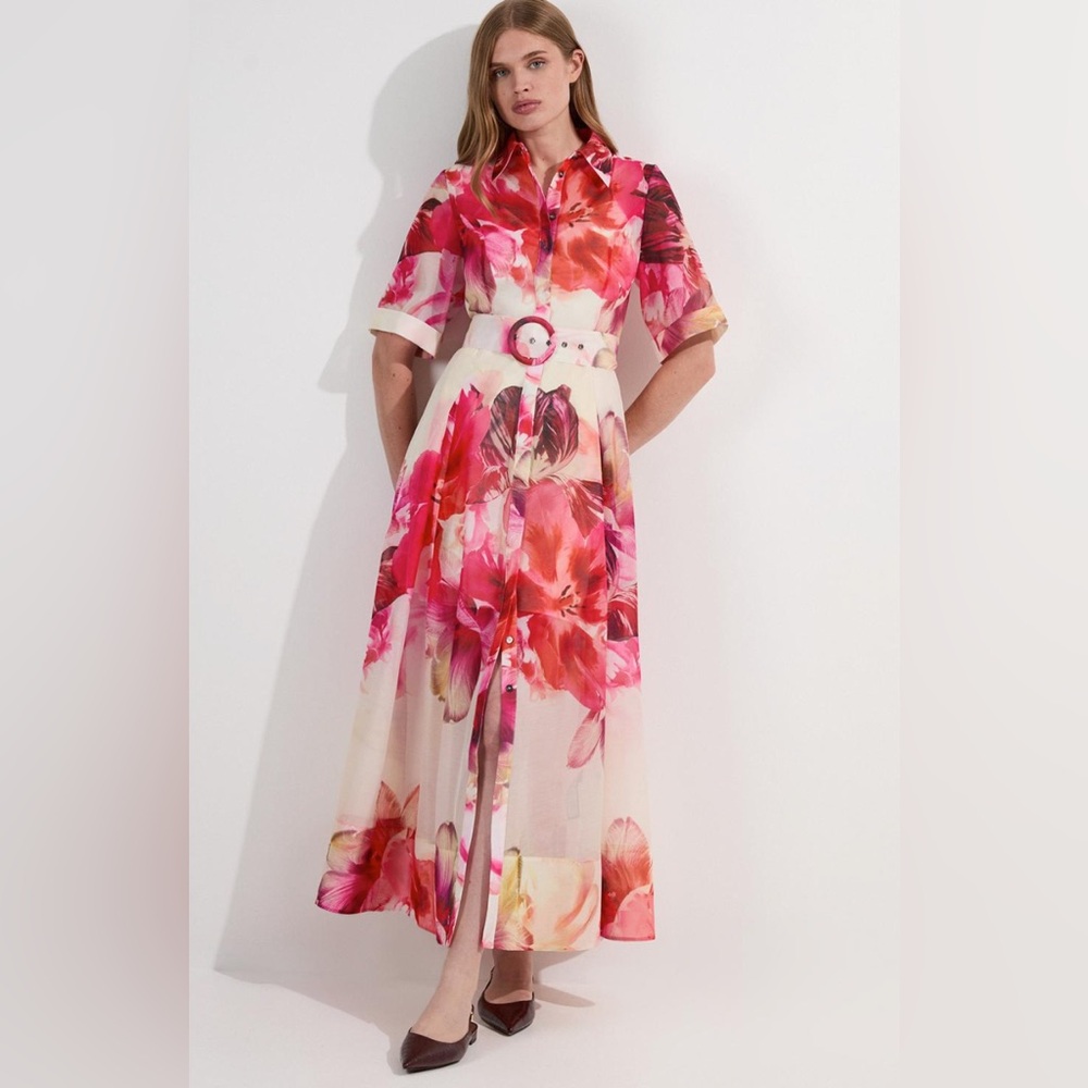 Karen Millen Pink and Red Floral Midi Dress